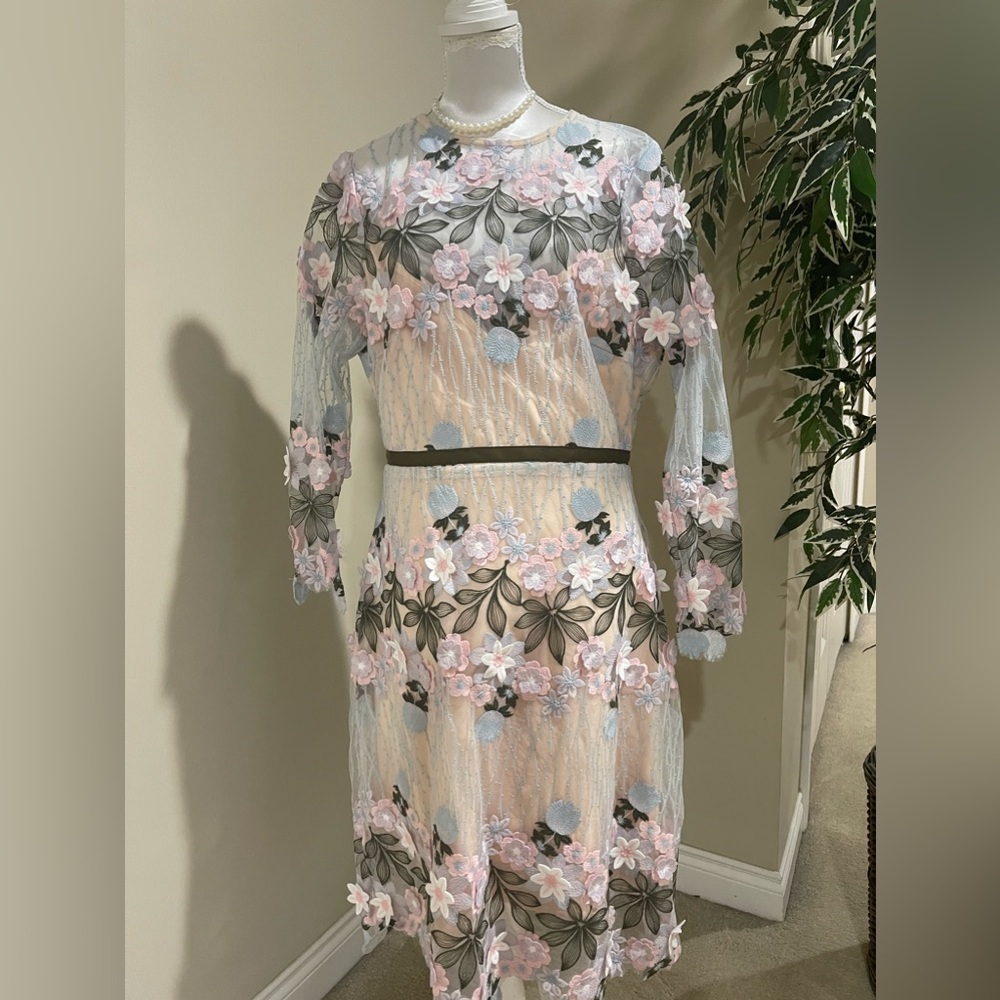 Beautiful elegant cocktail dress with the 3D flower details.